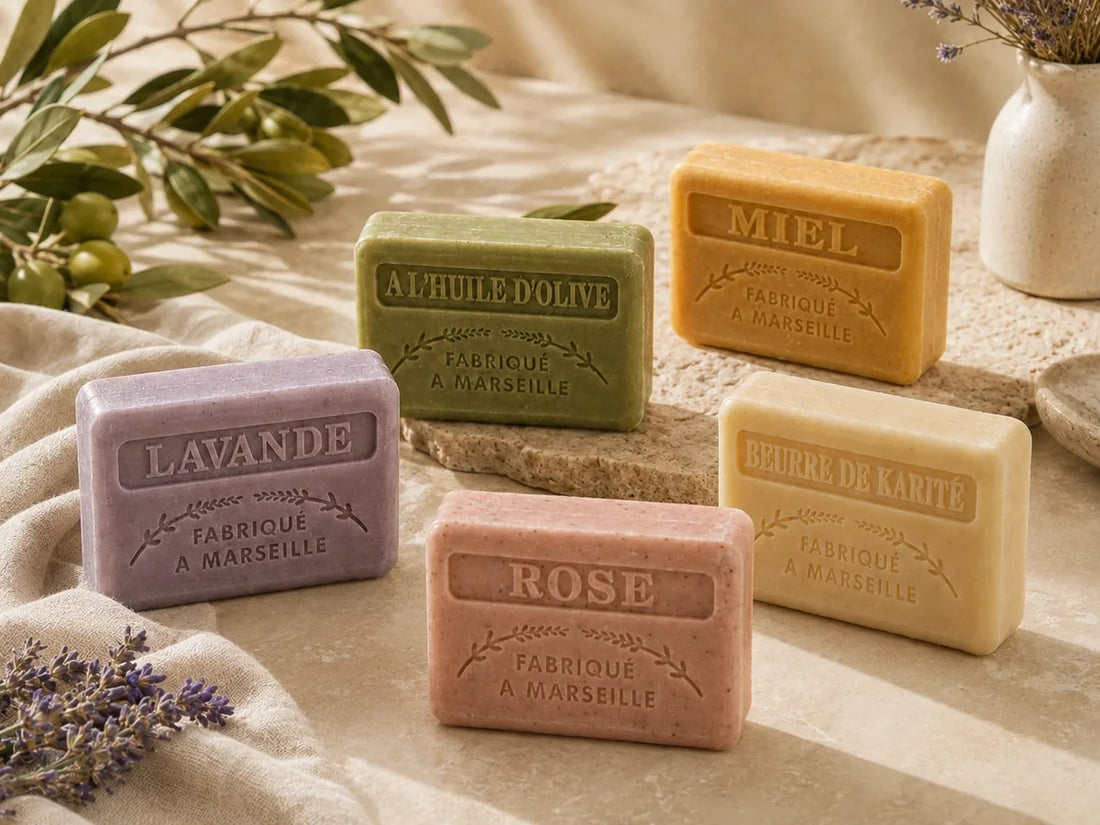 Colourful selection of 125g triple-milled French soaps in different fragrances