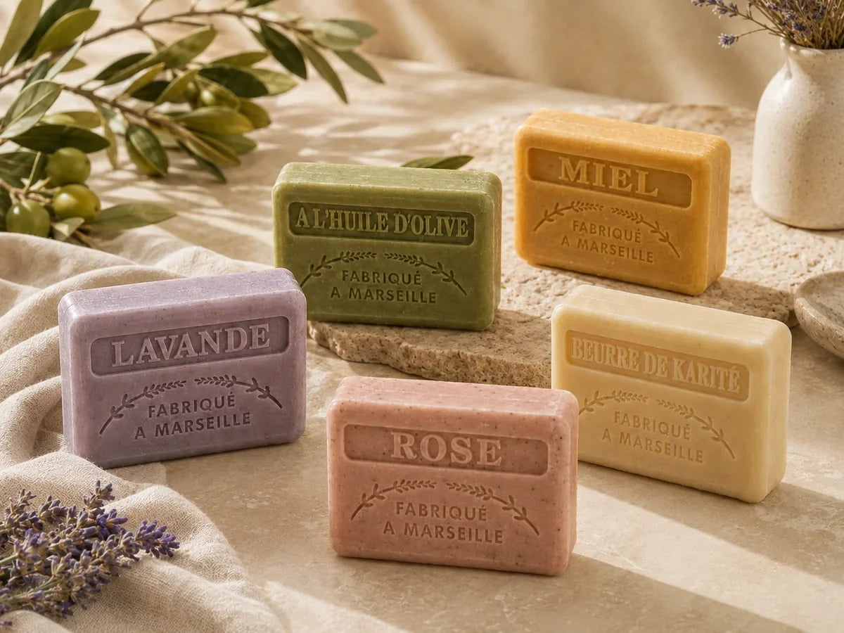 Colourful selection of 125g triple-milled French soaps in different fragrances