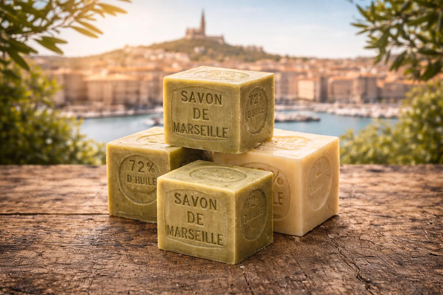 Traditional green and pale Savon de Marseille cubes overlooking Marseille
