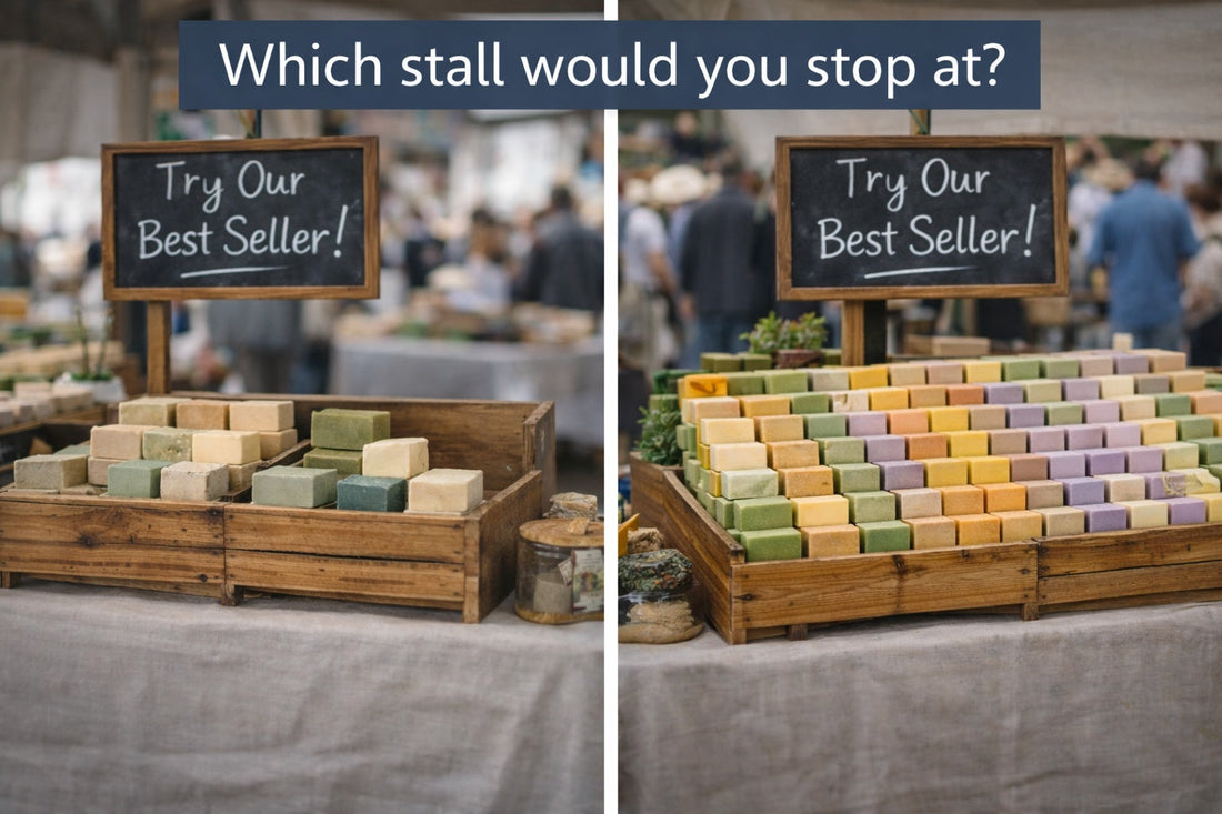 Comparison of sparse and well-merchandised French soap displays