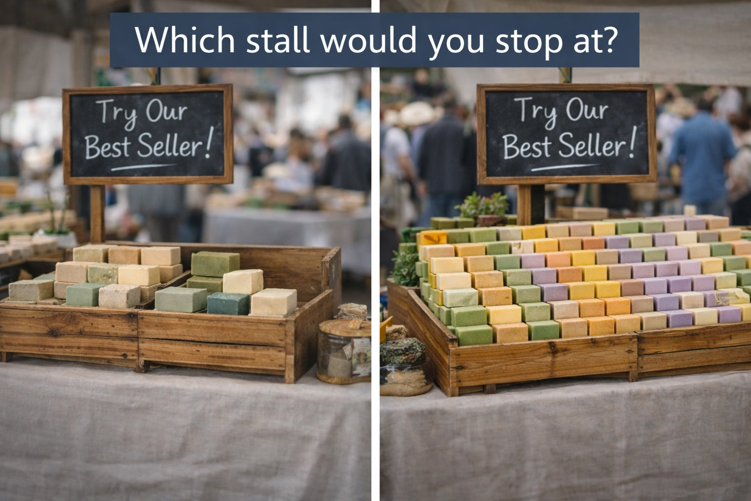 Comparison of sparse and well-merchandised French soap displays