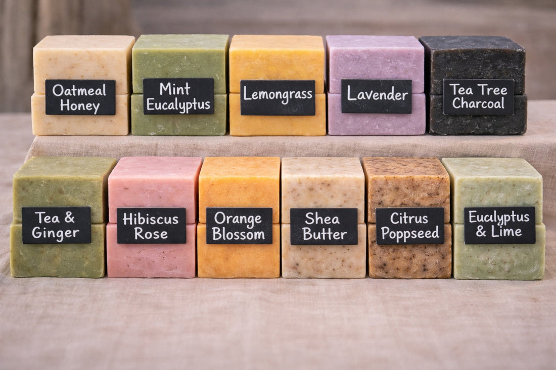 Selection of colourful French soaps in different fragrances