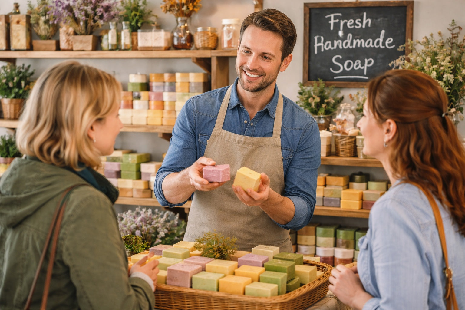 Retailer helping customers choose colourful French soaps