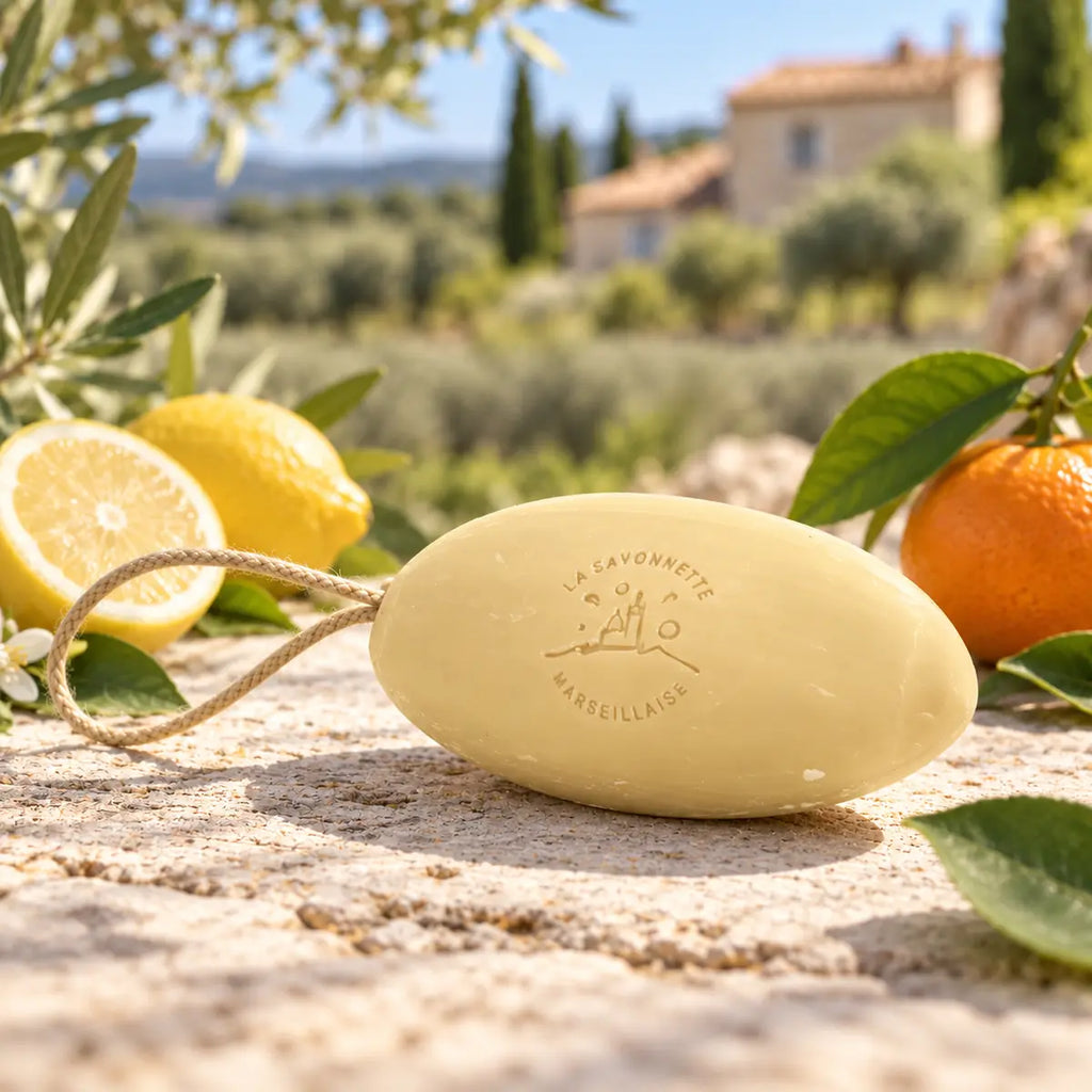Pale yellow 155g citrus pebble soap on a rope with lemon and orange in Provence
