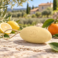 Pale yellow 155g citrus pebble soap on a rope with lemon and orange in Provence