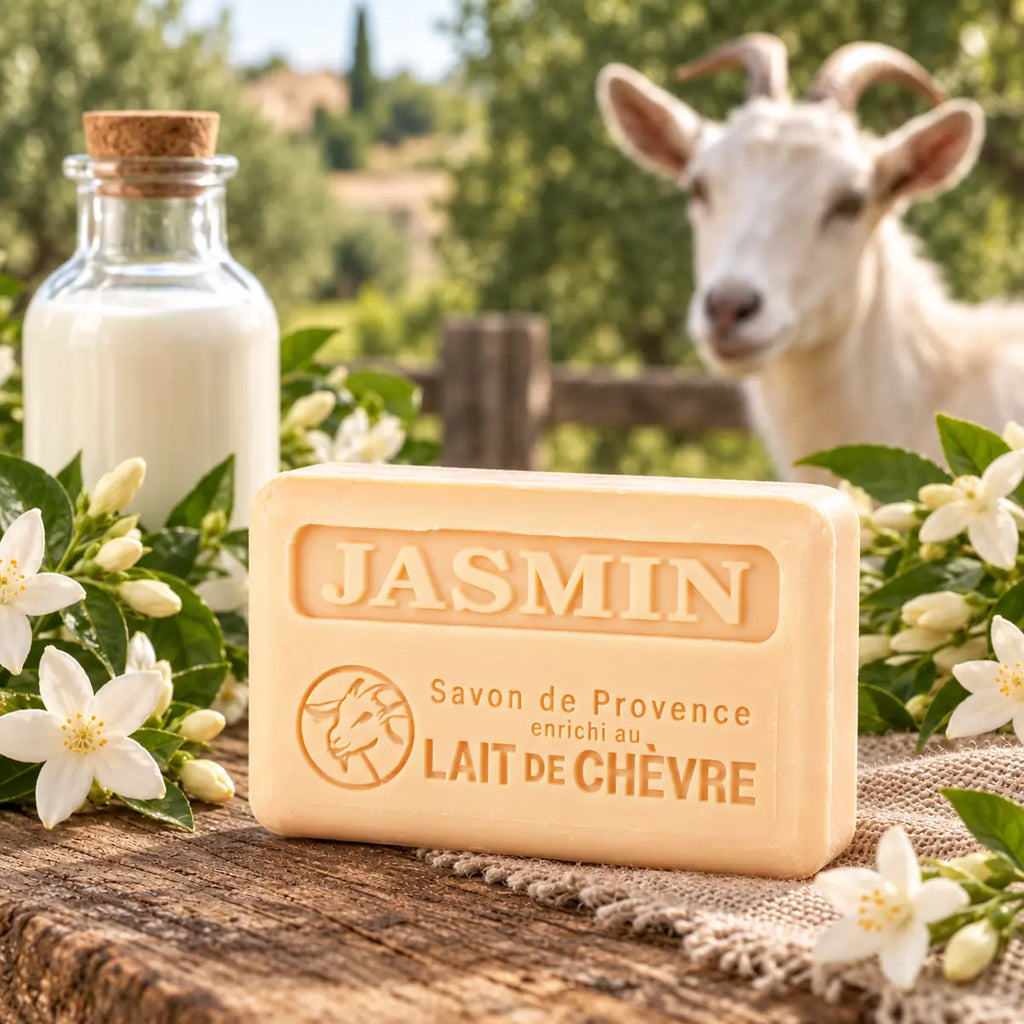 Jasmine 100g French goat’s milk soap with white jasmine flowers, goat’s milk and a goat