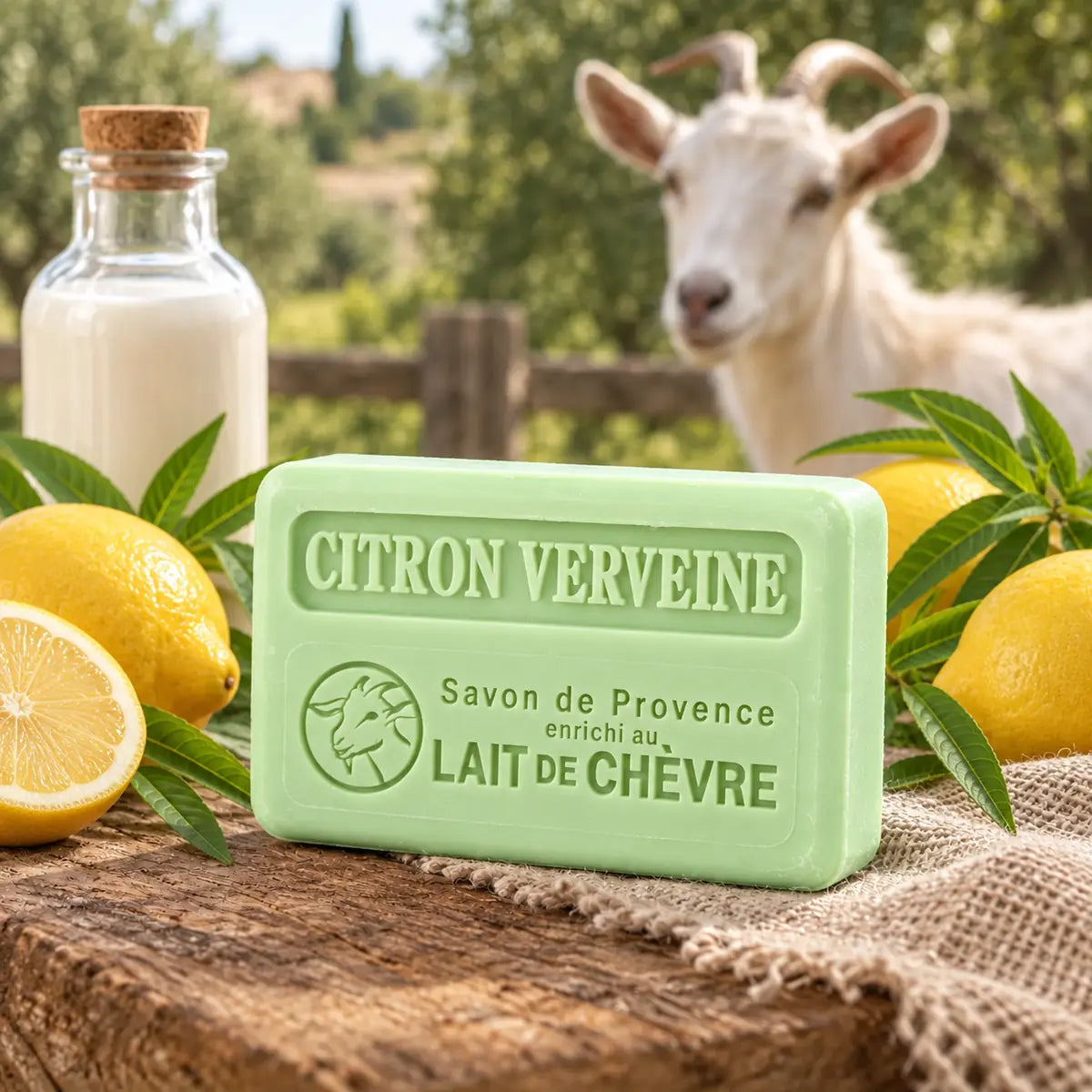 Lemon Verbena 100g French goat’s milk soap with lemons, verbena leaves, goat’s milk and a goat