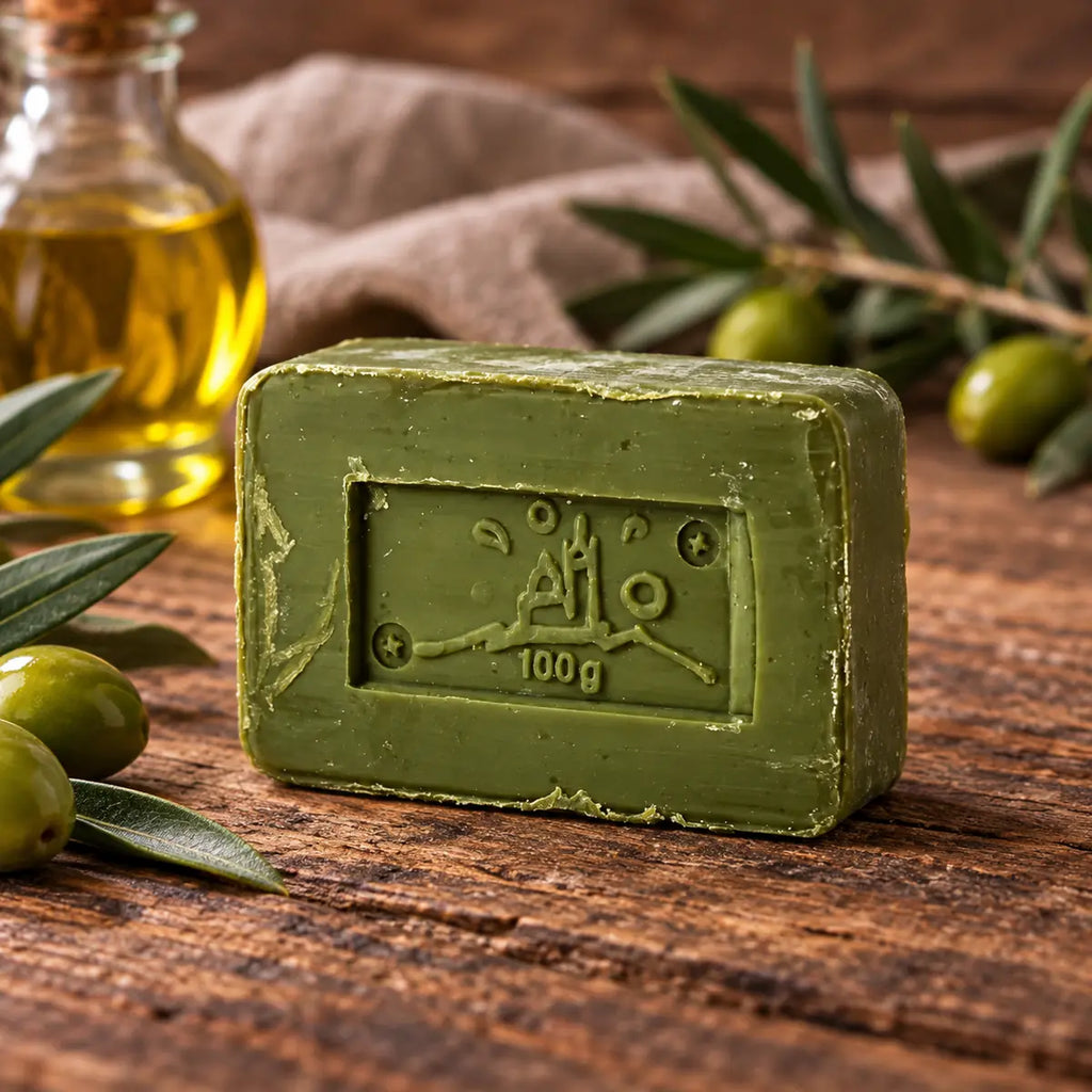 Green 100g olive Savon de Marseille soap with olives and olive oil on rustic wood