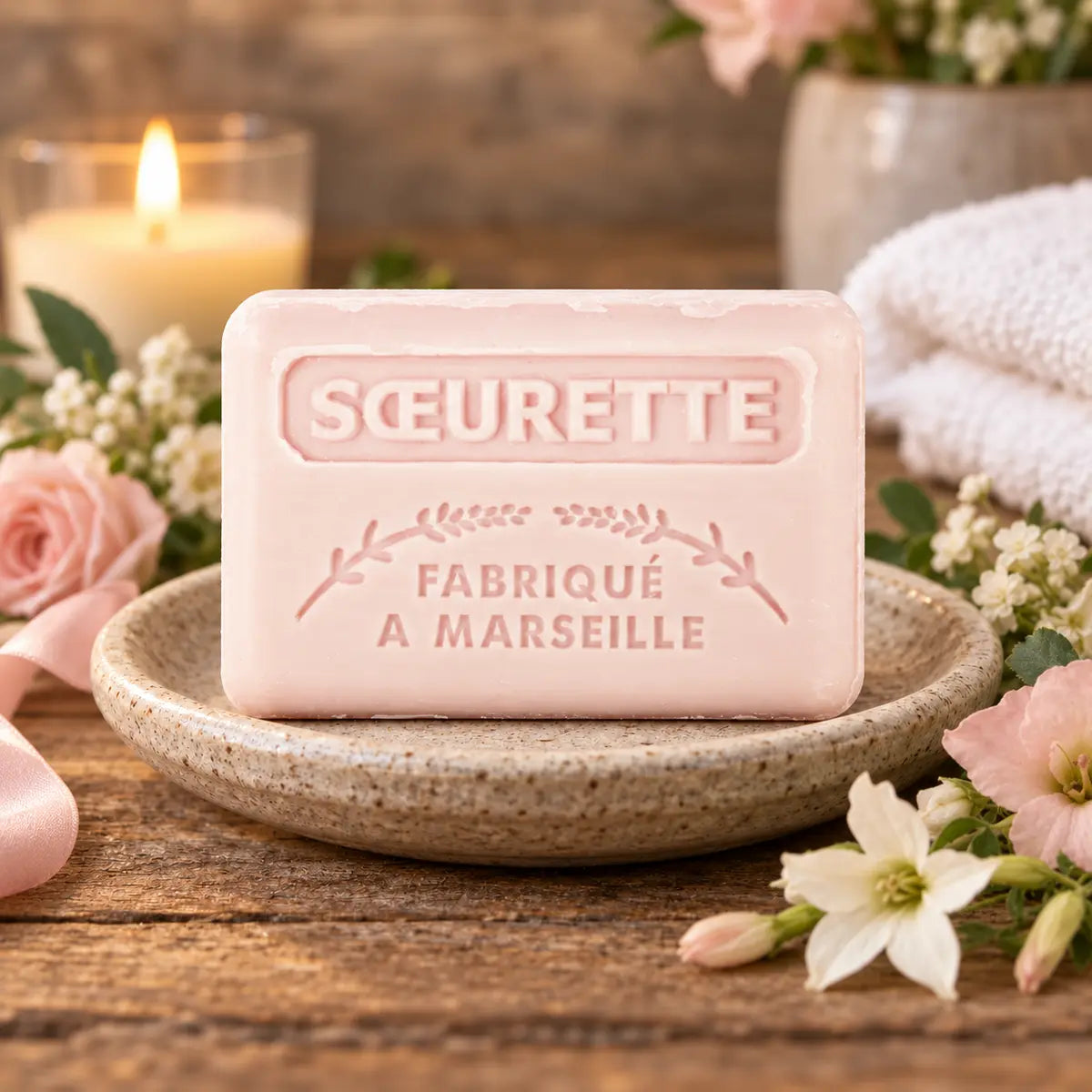 Pale pink Soeurette 125g French gift soap on a rustic dish with flowers and ribbon