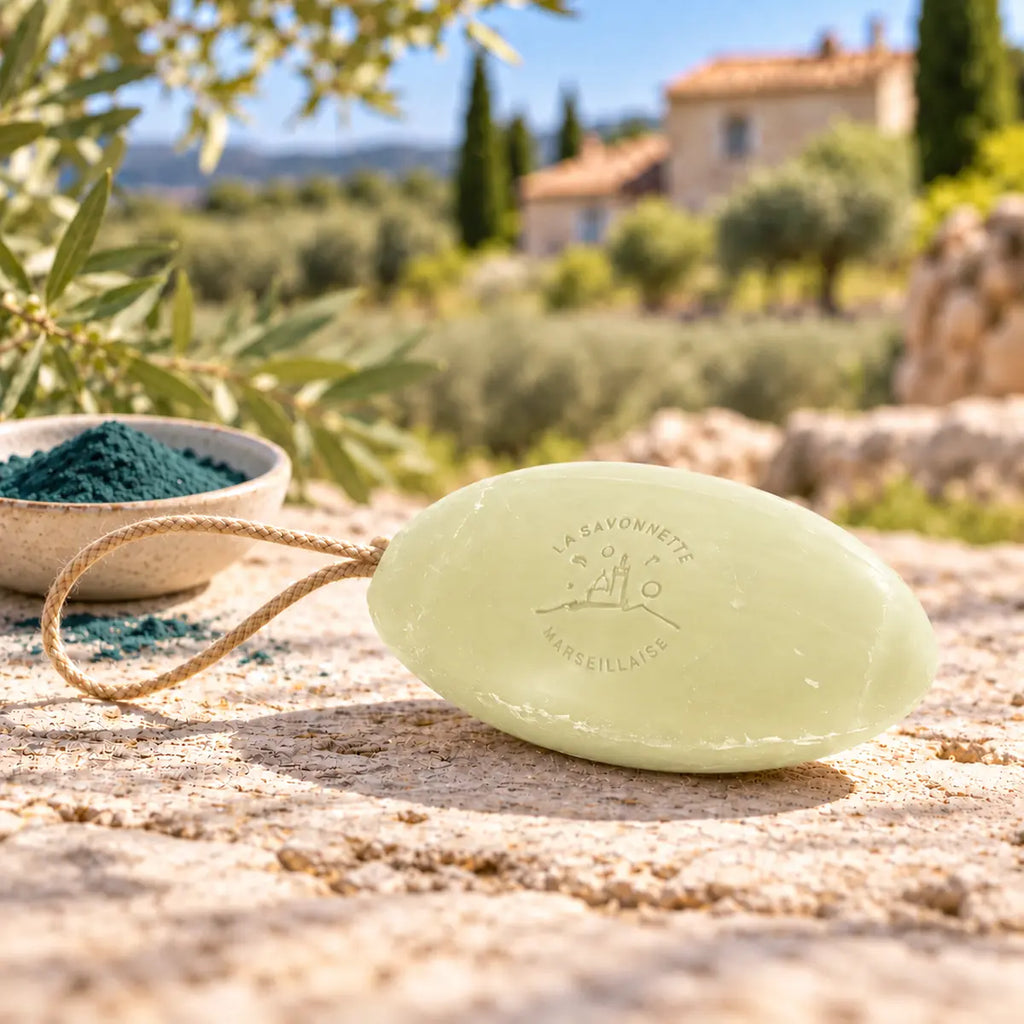 Pale yellow-green 155g spirulina pebble soap on a rope with spirulina powder in Provence