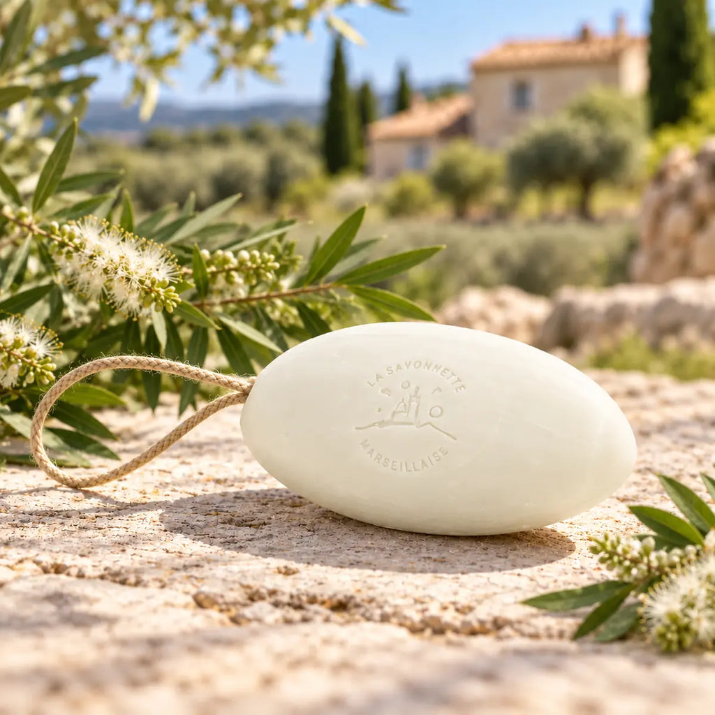 White 155g tea tree pebble soap on a rope with tea tree foliage in Provence