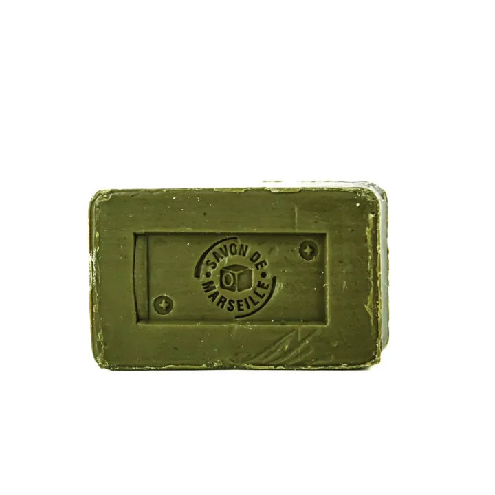 An olive green rectangular bar of Savin de Marseille soap on a plain white background.