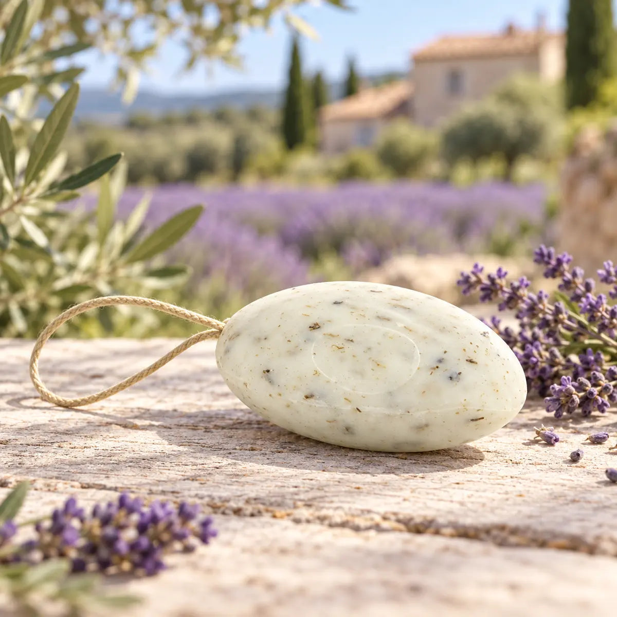 Grey-white lavandin exfoliating pebble soap on a rope in Provence