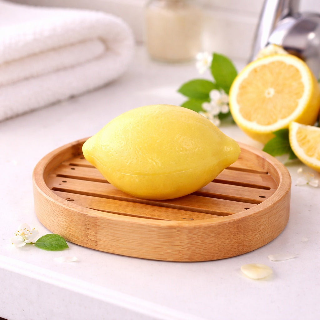 Yellow lemon-shaped 125g French soap with realistic citrus texture in a bathroom