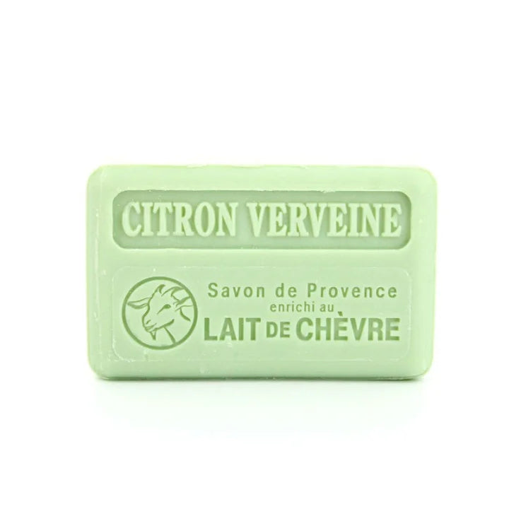 A rectangular bar of light green goat milk soap with embossed text reading 'CITRON VERVEINE' and 'Savon de Provence enrichi au LAIT DE CHEVRE' on a plain white background.