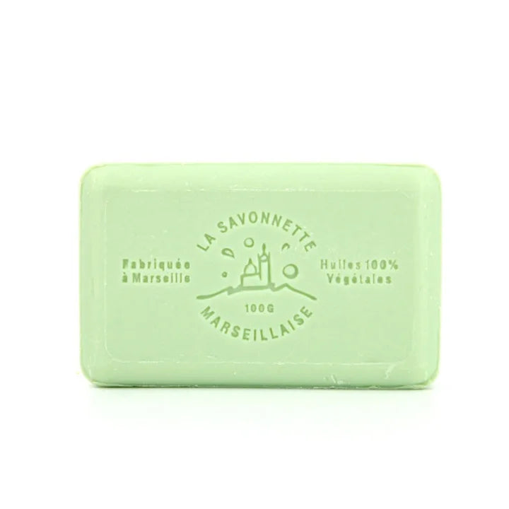 A rectangular bar of pale green Marseille soap with embossed text reading 'LA SAVONNETTE' and 'Marseillaise' on a white background.