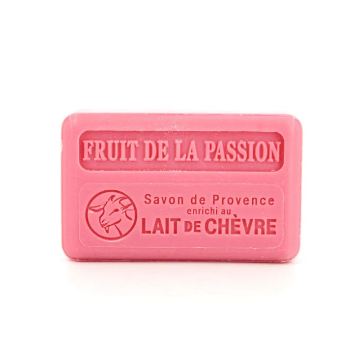 A pink rectangular bar of soap with embossed French text reading 'FRUIT DE LA PASSION' and 'SAVON DE PROVENCE ENRICHI AU LAIT DE CHEVRE', shown on a white background.