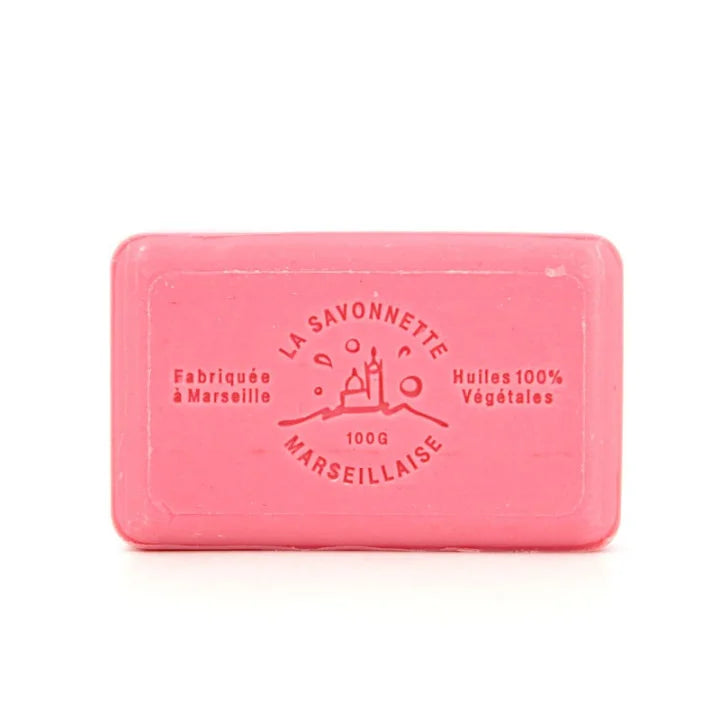 A pink rectangular bar of Marseille soap embossed with 'LA SAVONNETTE' and 'MARSEILLaise' on a white background.