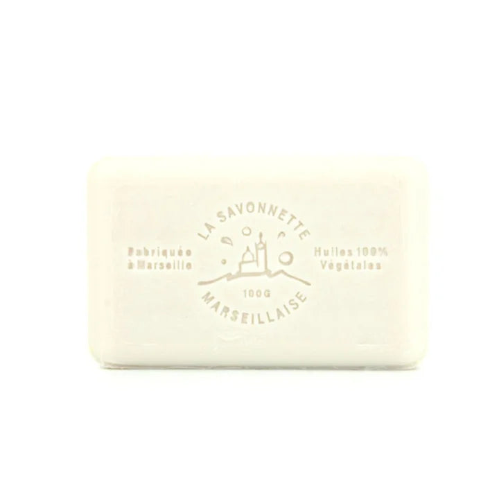 A rectangular bar of Marseille soap with an embossed logo reading 'LA SAVONNETTE' and 'Marseillaise' on a plain white background.