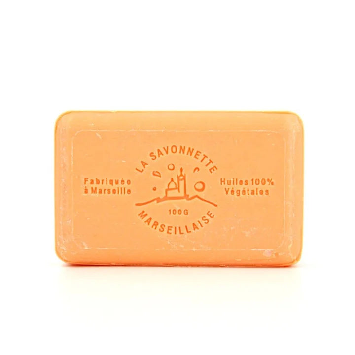 An orange rectangular bar of Marseille soap with embossed text reading 'LA SAVONNETTE MARSEILLAISE' and '100g' on a white background.