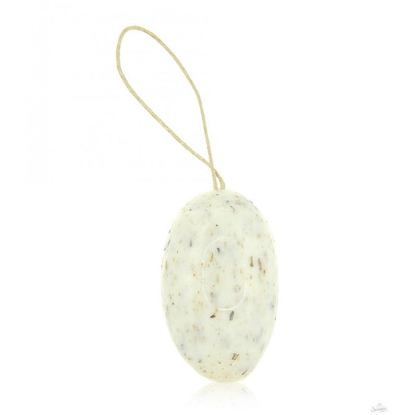 Grey-white lavandin exfoliating pebble soap on a rope