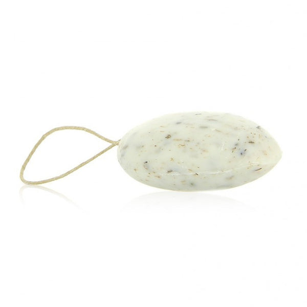 Grey-white lavandin exfoliating pebble soap on a rope